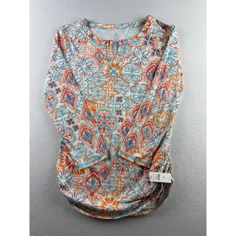 T by‎ Talbots Women's XS Orange Teal Medallion Print Ruched Side Split Neck Top